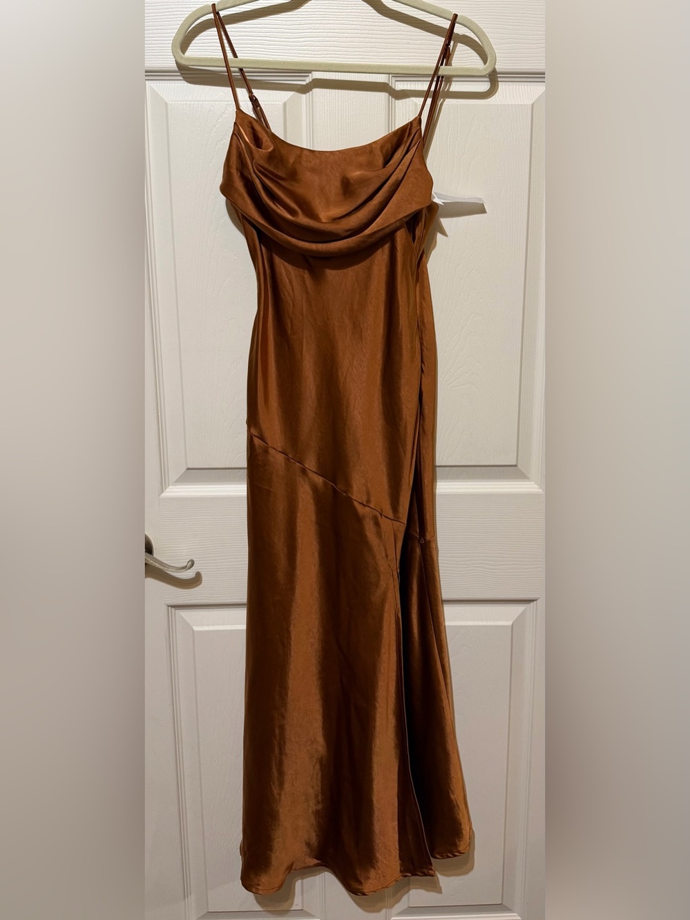 Brand New Selfie Leslie Satin Cowl Slip Midi Dress in Rust - Picture 2 of 5